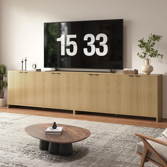 BVIUNTWO Fluted TV Stand for TVs up to 110", Modern TV Console with Storage Cabinet, Entertainment Center with 8 Doors & Adjustable Shelves for Living Room, Natural Oak