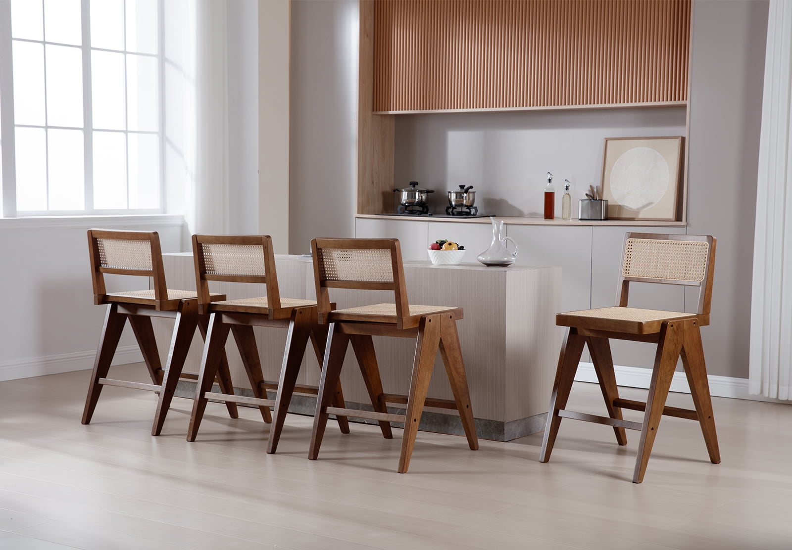 Dayalane 26" Rattan Counter Height Bar Stools Set of 2, French Bar Stools with Cane Back, Wooden Farmhouse Kitchen Chairs Counter Stools with Footrest for Kitchen Island Bistro Bar, Walnut