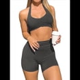 thumbnail image 2 of Conjuntos Entrenamiento para Mujer 2 Piezas,Sujetador Deportivo con Cuello Halter y Arrugas,Pantalones Cortos Ciclista Cintura Alta,Ropa Ejercicio para Gimnasio Yoga Gris Oscuro L, 2 of 9
