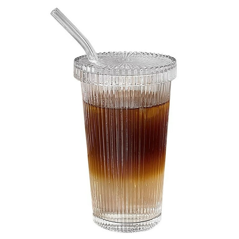 Drinks Glass Cup with Lid Straw Juice Coffee Milk Tea Beer Cup Can Shape Glass Cup Clear Glass Tumbler Wide Mouth Glass Cup, Size: 15.89fl.oz-1 Set