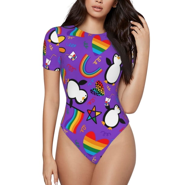 Balery Rainbow Lgbt Penguin Body de cuello redondo de manga corta para mujer Tops de manga corta Tops básicos-Large