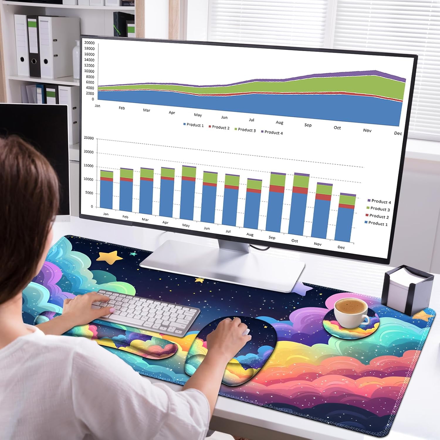 Mouse Pad with Wrist Support 4 in1 Set, XXL Big Game Mousepad + Keyboard Wrist Rest + Mouse Wrist Rest Pad +Coaster Gaming Mat for Home Office Work Computer Laptop I Colorful Clouds Starry Night