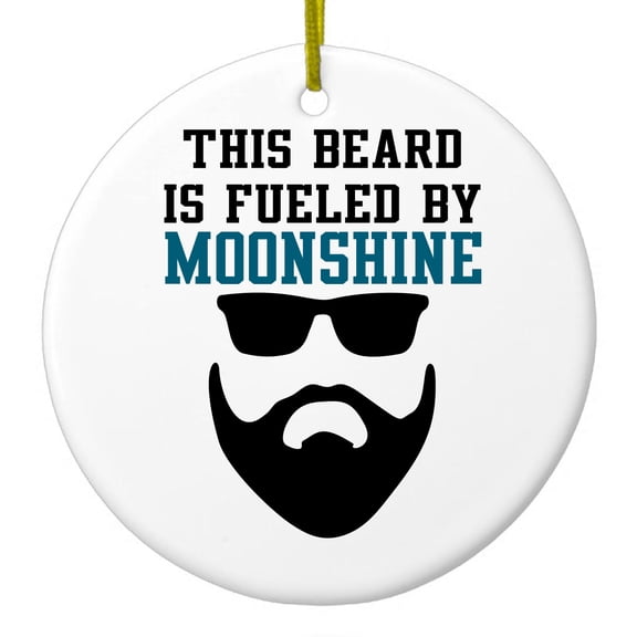 DistinctInk Hanging Ceramic Christmass Tree Ornament with Gold String - Great Gift / Present - 2 3/4 inch diameter - This Beard is Fueled by Moonshine