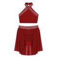 thumbnail image 3 of Lejafay Kids Girls 2 Piece Lyrical Latin Jazz Dance Outfit Sparkly Rhinestone Crop Top with Skirt Burgundy 14, 3 of 5