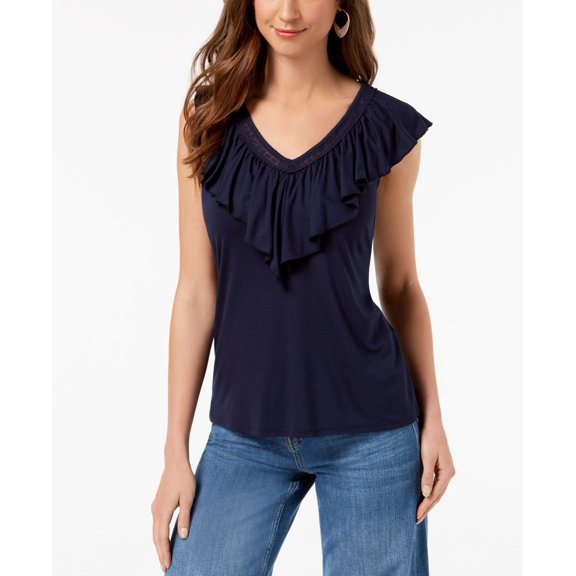 Style & Co V Neck Ruffled Top Industrial Blue XL