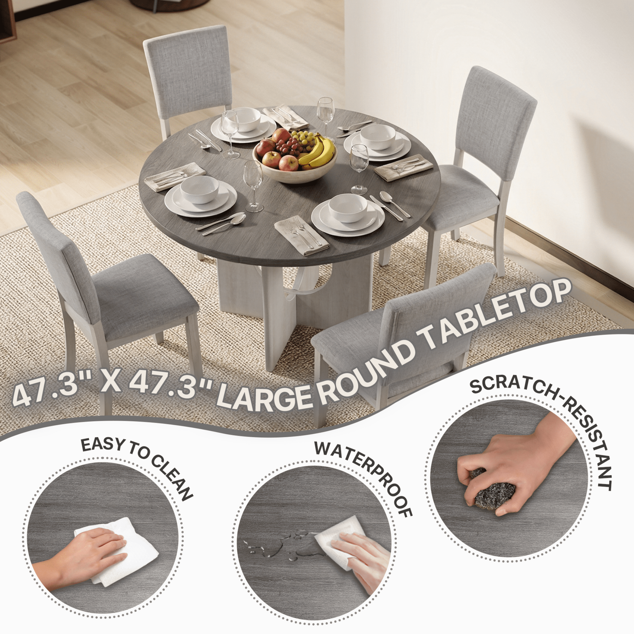 Aukfa Farmhouse Wood Light Gray Upholstered Round Dining Set, 5-Piece