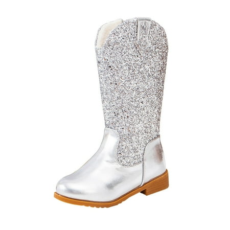 

Splozh Girls Cowgirl Boots Mid Calf Square Toe Western Boot for Kids Glitter Cowboy Boot Silver 10