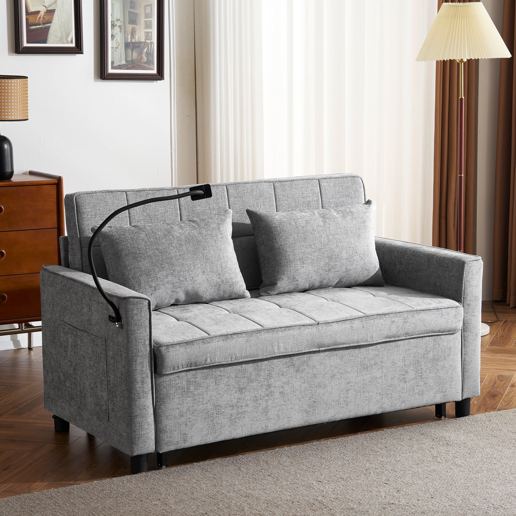 Euroco 56.9" Loveseat Sofa Pull-out Sofa Bed Sleeper Sofa with a Reversible Backrest Cushion, Side Pockets, Two USB Ports and a Phone Holder for Living Room