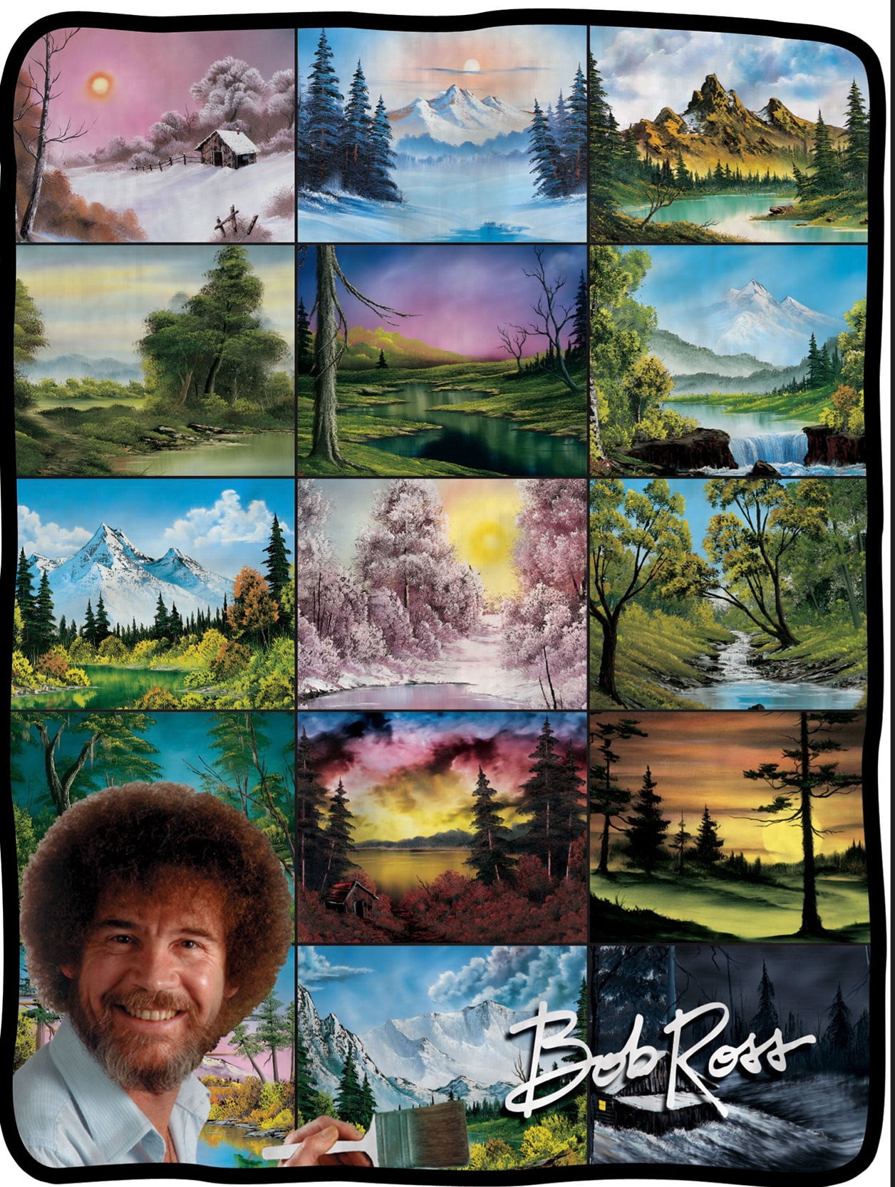 Bob Ross Picture Collage Blanket 46" X 60" Flannel Fleece Throw