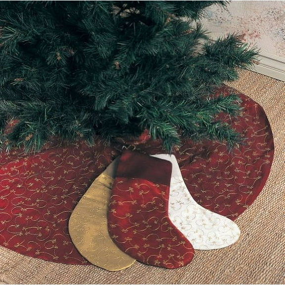 Elegant Gold Embroidery Burgundy Christmas Tree Skirt, 52 Inch Round, One Piece