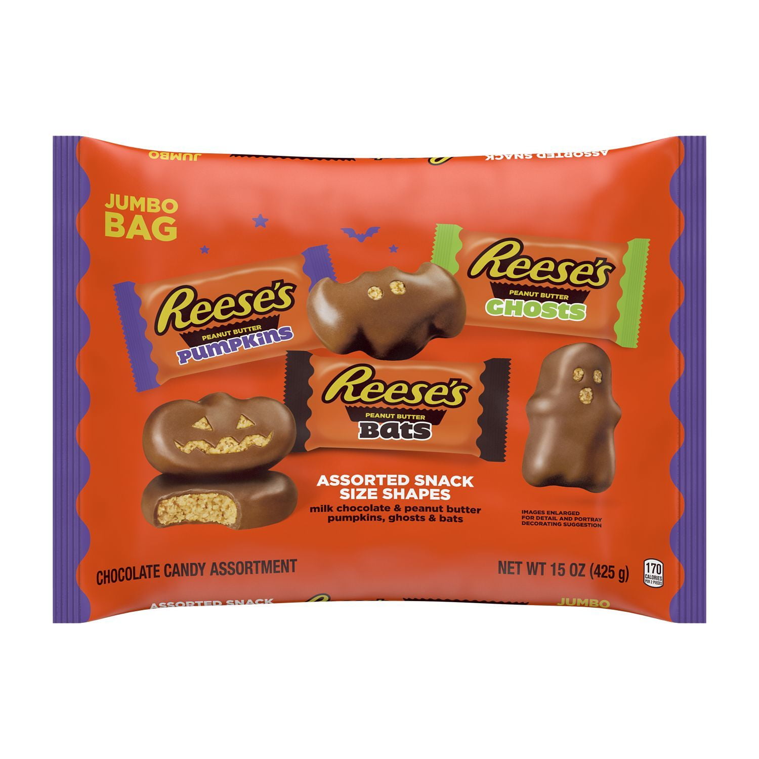REESE'S, Milk Chocolate Peanut Butter Assorted Shapes Snack Size Candy, Halloween, 15 oz, Jumbo Variety Bag
