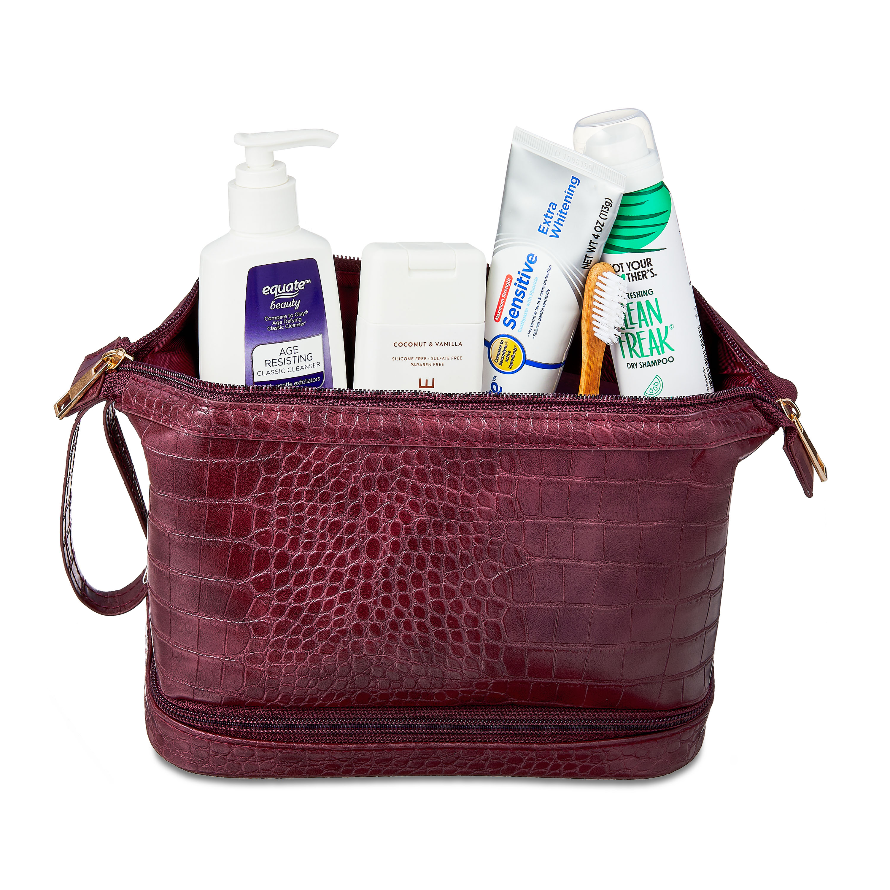 Deluxe Cosmetic Bag with Wristlet and Extra Storage, Wine Red Croc 