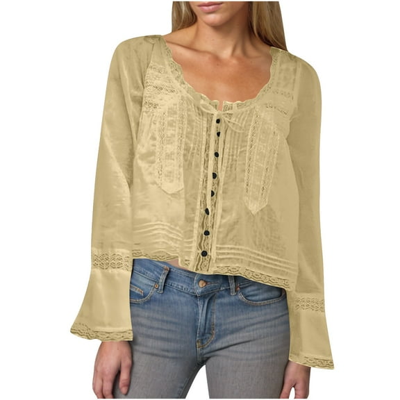 Women's Shirts V Neck Lace Long Sleeve Blouses Solid Color Button Shirt Spring Summer Casual Loose Shirts Green M