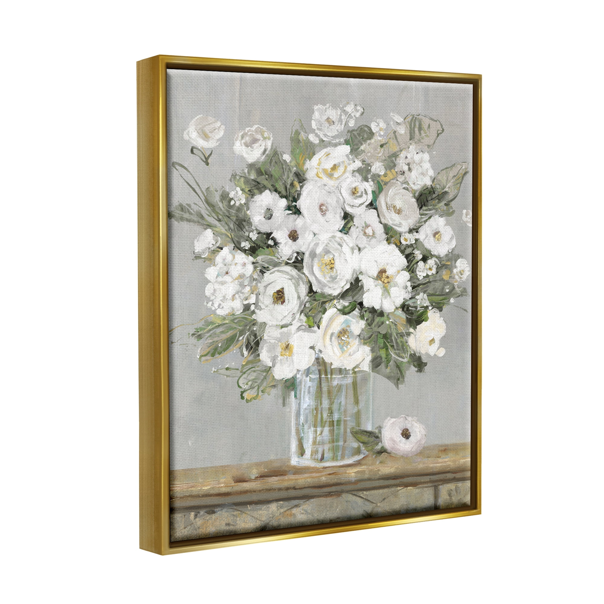 Stupell Industries White Bouquet Painting Botanical & Floral Painting Gold Floater Framed Canvas Art Print Wall Art, 25 x 31