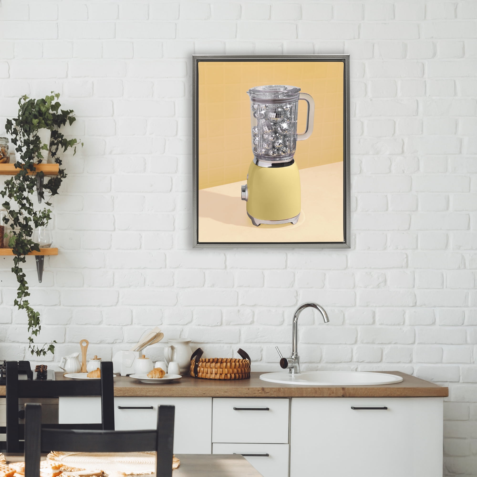 Stupell Industries Disco Drink Blender over Yellow Gray Framed Floater Canvas Wall Art, design by LISH Creative