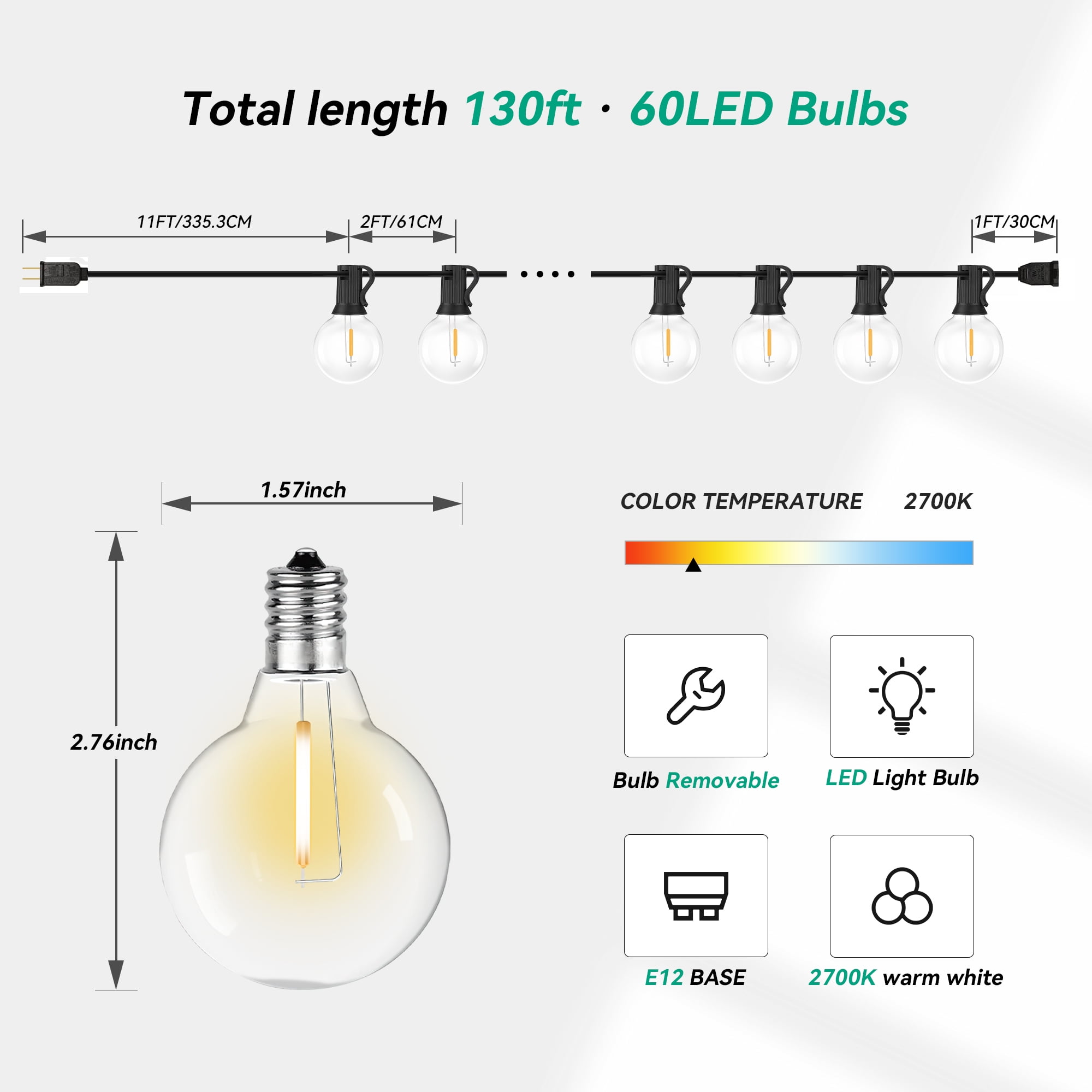 PHOPOLLO 130ft Outdoor String Lights, with60 G40 Edison Bulbs, Waterproof, Connectable, for Yard Party
