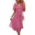 thumbnail image 1 of Robes Femmes Décontractées Manches Courtes Imprimé Floral Boutonné Col en V Été Boho Midi Robe, 1 of 6