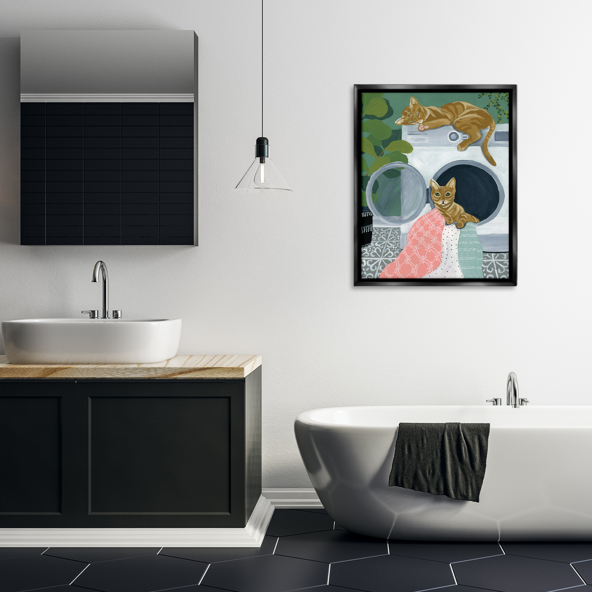 Stupell Industries Cuddling Laundry Cats Bath & Laundry Painting Black Floater Framed Canvas Art Print Wall Art, 25 x 31
