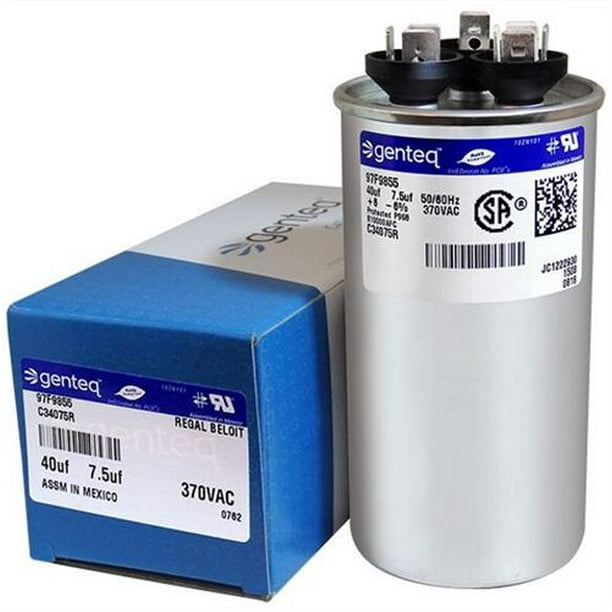 40/7.5 uF MFD x 370 VAC Dual Round Genteq / GE Industrial Replacement Capacitor C34075R 40/7.5 uF MFD x 370 VAC Dual Round Genteq / GE Industrial Replacement Capacitor C34075R