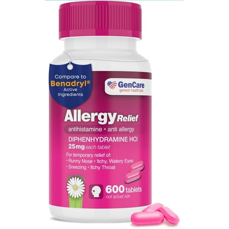 GenCare - Allergy Relief Medicine | Antihistamine Diphenhydramine 25mg (600 Tablets Per Bottle) Value Pack | Relieve for Itchy Eyes, Sneezing, Runny Nose | Seasonal or Indoor & Outdoor Allergies