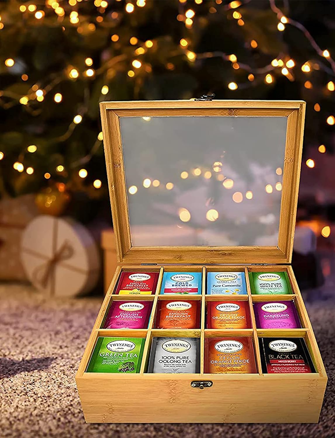 Twinings Tea Sampler Collection – 120 Tea Bags, 40 Flavors/Assorted Tea, Gift Set in Decorative Bamboo – Tea Organizer Included – Ideal for Home, Office, Family & Friends (Bamboo Box)