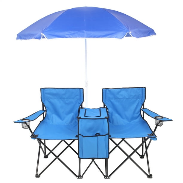 Double Folding Beach Chair 2 Seat Portable Beach Chair With Umbrella Backpack Camping Chair With Cup Holder Adjustable Chair For Beach Camping Picnic Blue Walmart Com