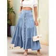thumbnail image 5 of Women Western Elastic High Waisted A Line Button Ruffle Tiered Long Jean Skirt Patchwork Pocket Y2k Light Blue S, 5 of 9