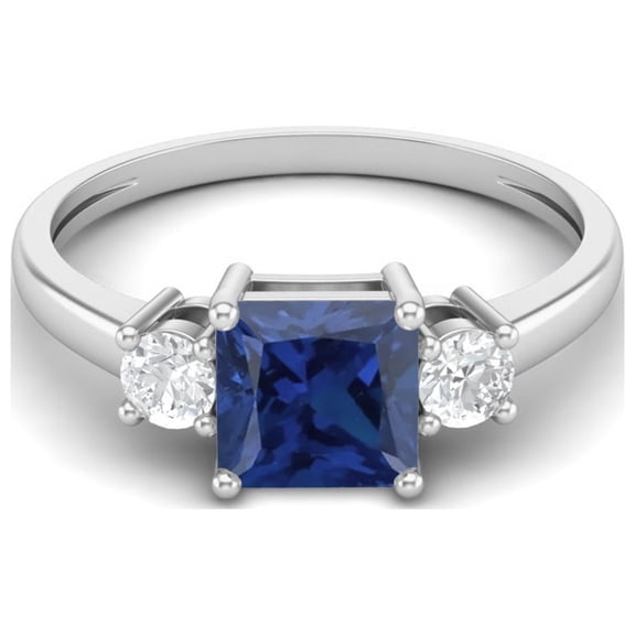 0.95 Ctw Princess cut Square Blue Sapphire Syn. 925 Sterling Silver Trio Stone Dainty Women Valentines Day Gifts Ring