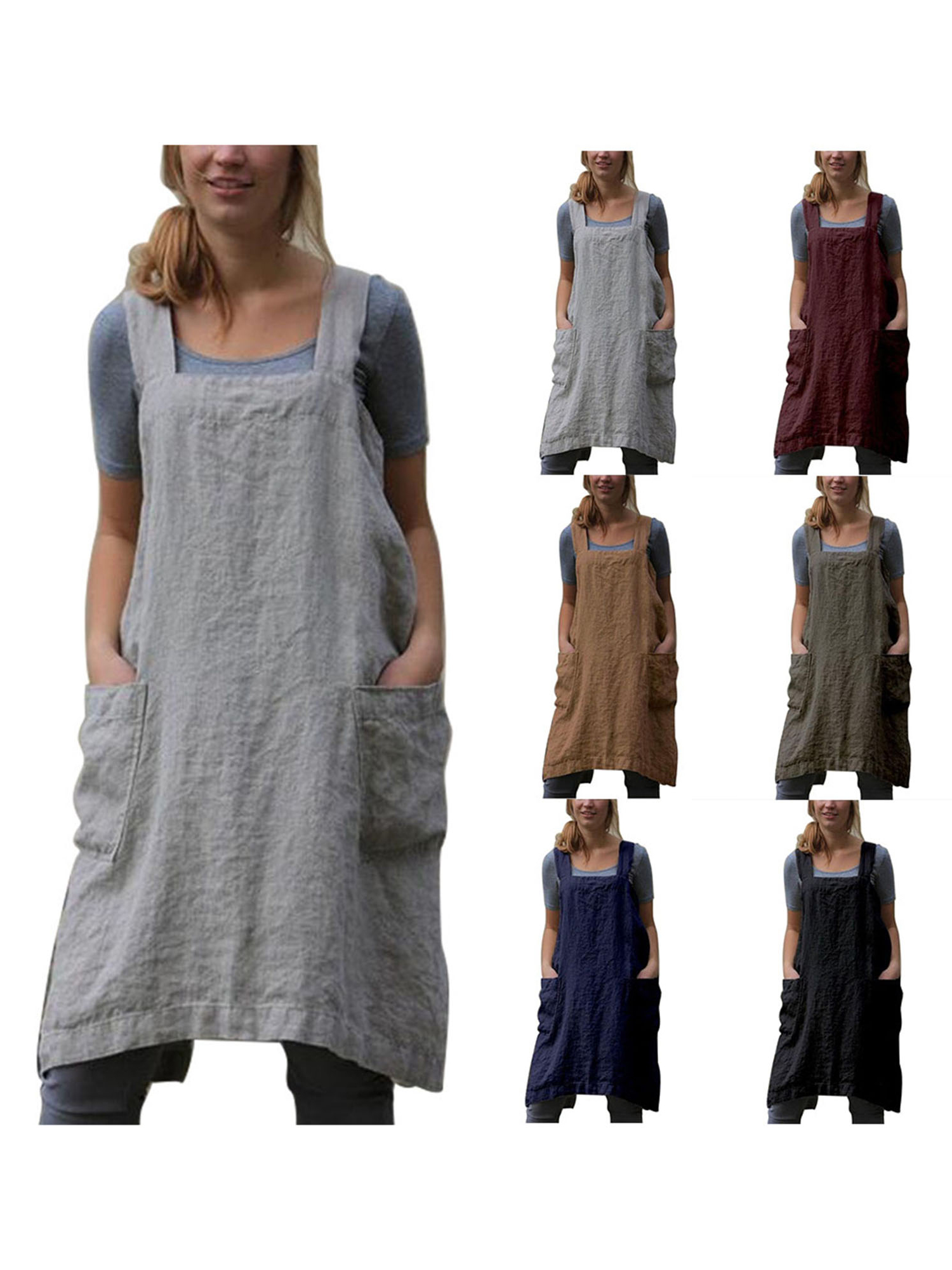 Listenwind Women’s Pinafore Square Apron Baking Cooking Gardening Works Cross Back Cotton/Linen Blend Dress with 2 Pockets Large Plus - image 5 of 5