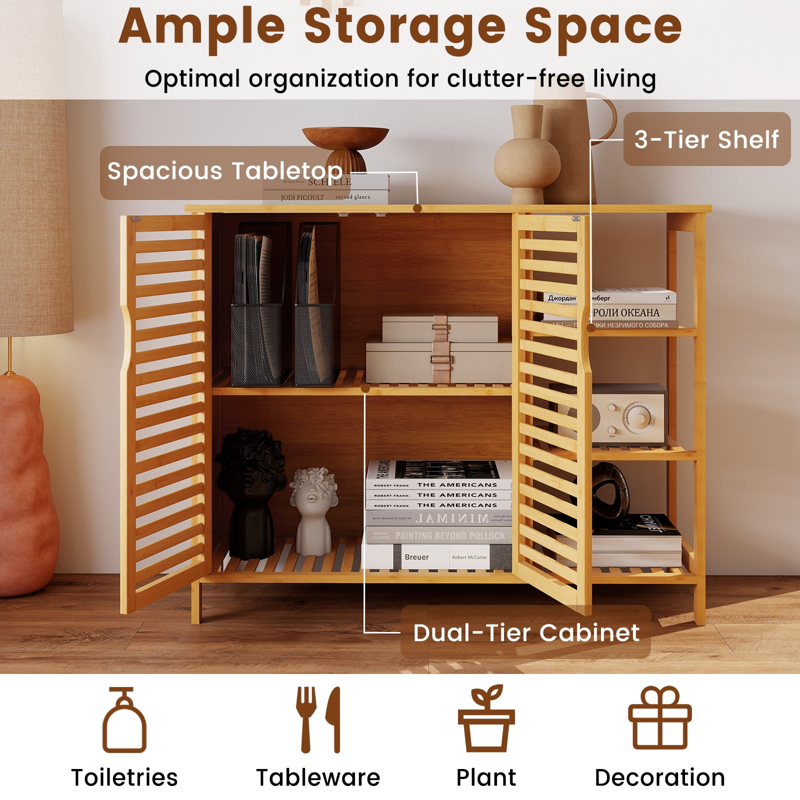 Gymax Bamboo Bathroom Cabinet 2-Door Storage Organizer w/ Shelves Natural