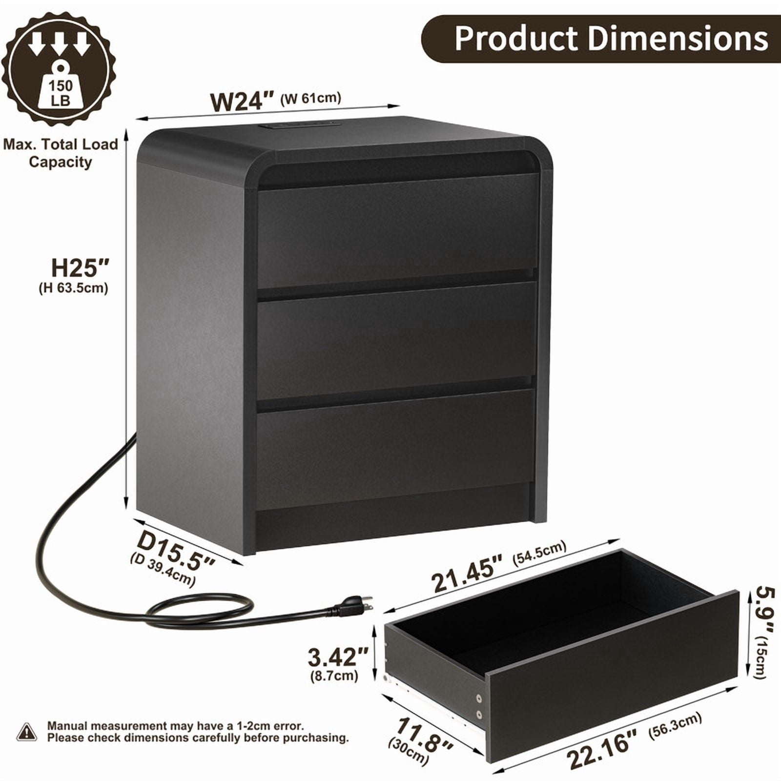 1-Piece Wooden Nightstand with Charging Station, Curved Edge Bedside Storage Table with 3 Handleless Drawers