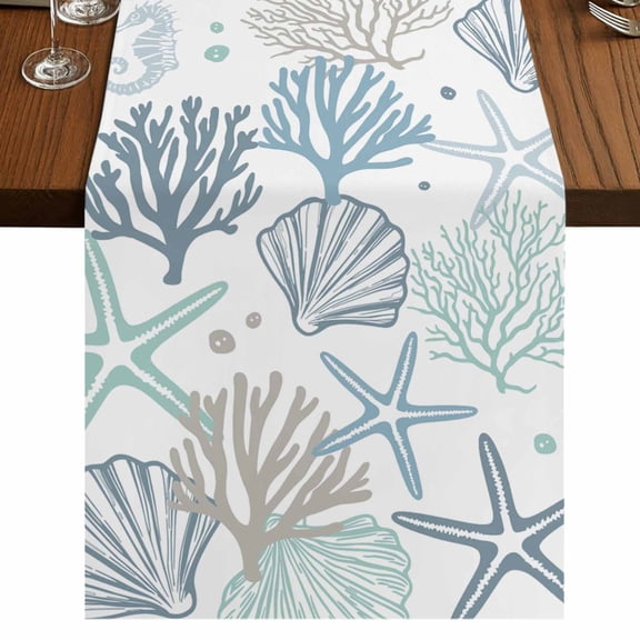 Aqua Teal Coastal Table Runner 90 Inches Long,Summer Beach Starfish Coral Nautical Cotton Linen Table Runners Dresser Scarves,Decorative Tabletop Scarf Furniture Cover for Home Dinner Party 13"x90"