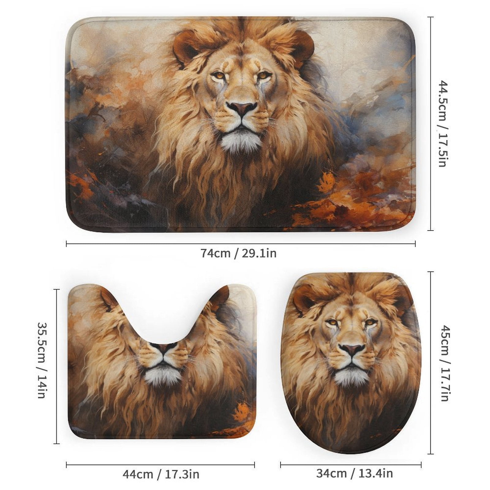 Artistic Lion Face 4 Pcs Shower Curtain Sets with Rugs Include Waterproof Shower Curtain Non-Slip Rug Toilet Lid Cover Bath Mat Wild Animal Lion Head Waterproof Fabric Bath Curtain for Bathtub Decor