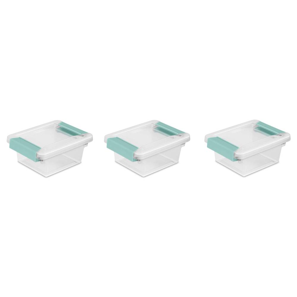 Sterilite Mini Small Plastic Clip Box Storage Container 1969 Clear Aqua, 3Pack