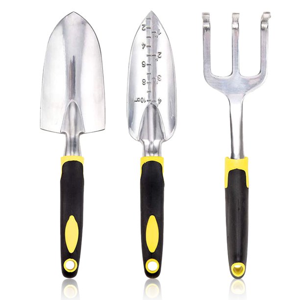 Juego de herramientas de jardín, kit de jardinería resistente de aluminio fundido de 3 piezas que incluye paleta de mano, paleta de trasplante y rastrillo de mano cultivador, con mango, 1,23 cp