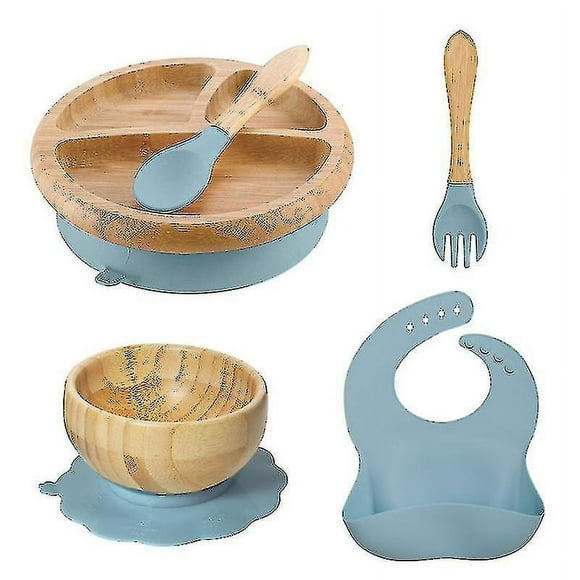 Tiny Dining Ensemble de Vaisselle en Bambou pour Enfants Assiette Bol Cuillère avec Ventouse Bleu_cadeau de g