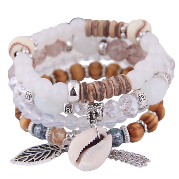 Ayyufe Pack Of 4 Bohemian Women Cowrie Shell Leaf Candy Beaded Elastic Bracelet