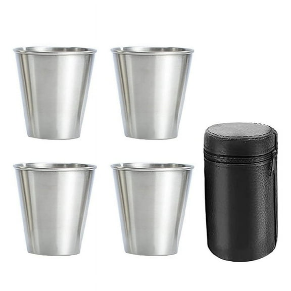 HOT! Stainless Steel Shot Cups, Set of 4 Metal Glasses, Stackable, Hip Flask Small with Leather Bag for Outdoor