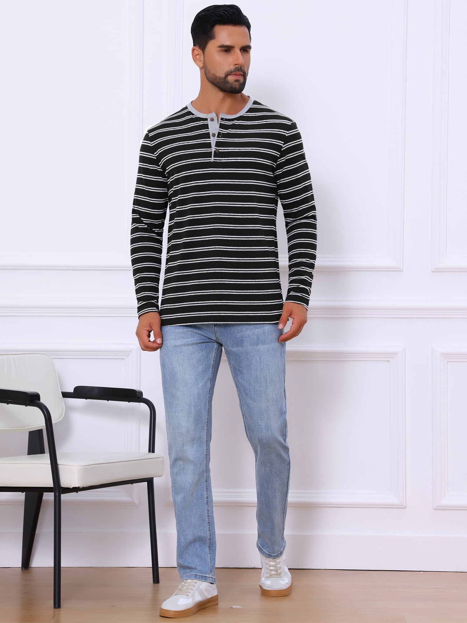 DARING DIVA Men's Long Sleeve Contrasting Colors Striped Henley T-Shirt M Black