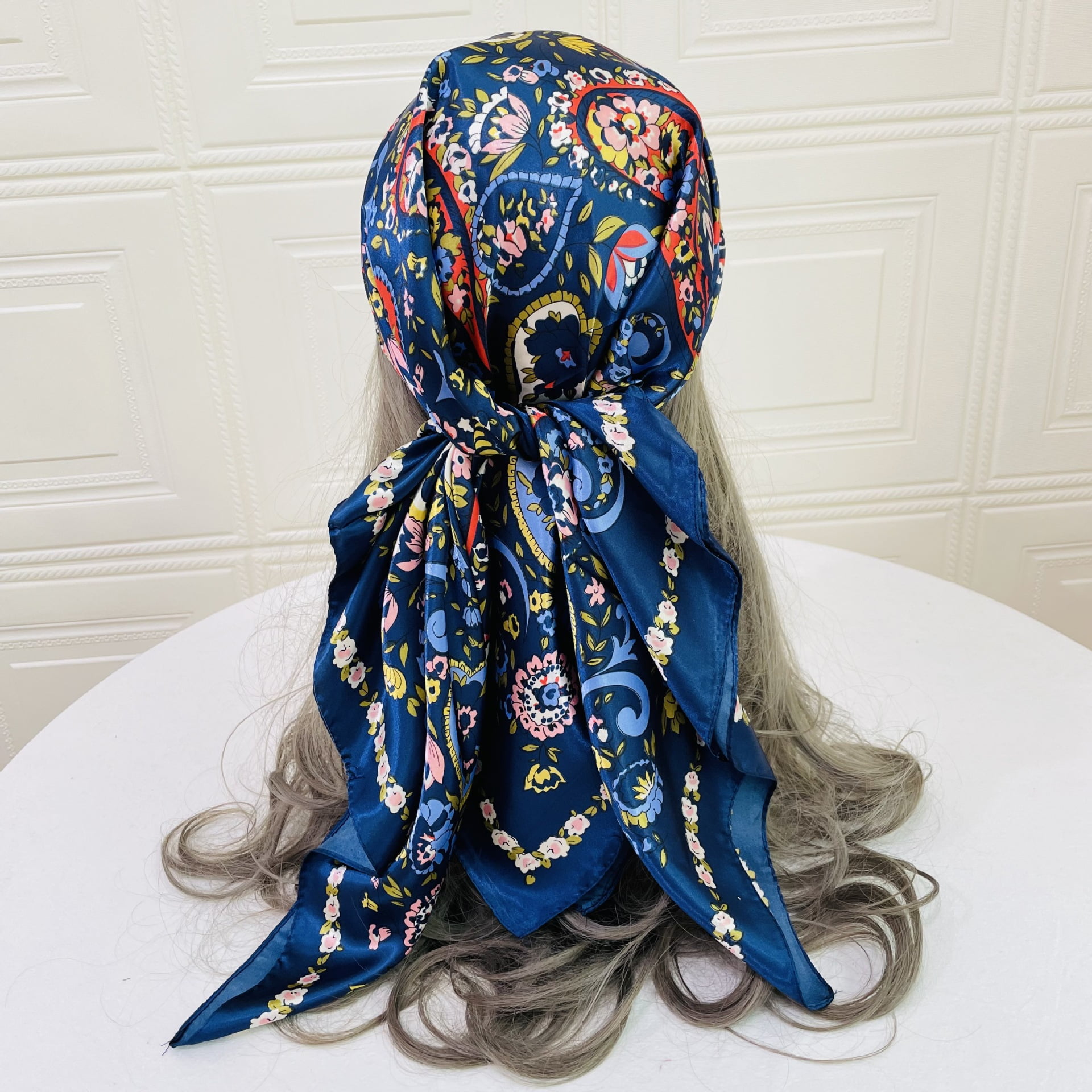 Hotian Paisley Print Satin Head Scarf Ditsy Floral Hair Scarf Bandana Navy  Blue 35
