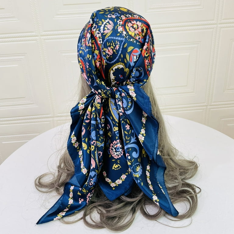 Silk Scarf Bandana Floral, Navy Blue Neck Scarf