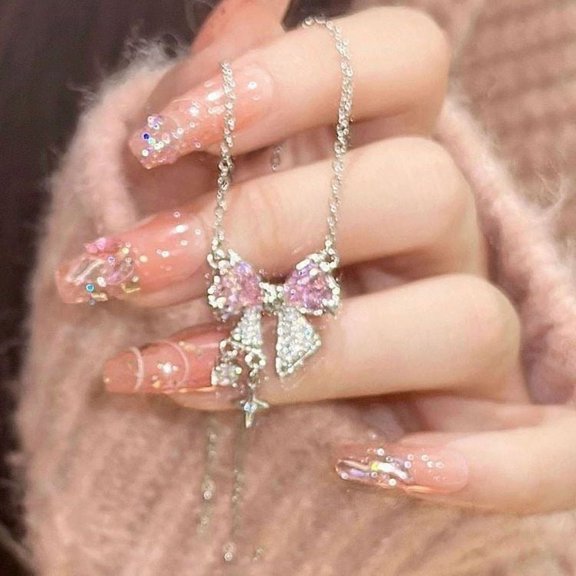 Sparkling Pink Crystal Zirconia Sweet Bow Necklace Silver Chain Women Jewelry Christmas Gift