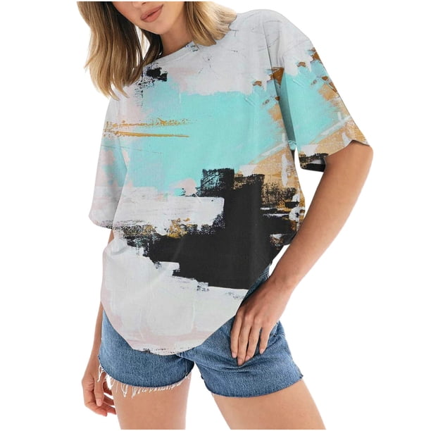 Blusa informal de manga corta con estampado de teñido anudado y cuello redondo para mujer OAVQHLG3B Store lin121212