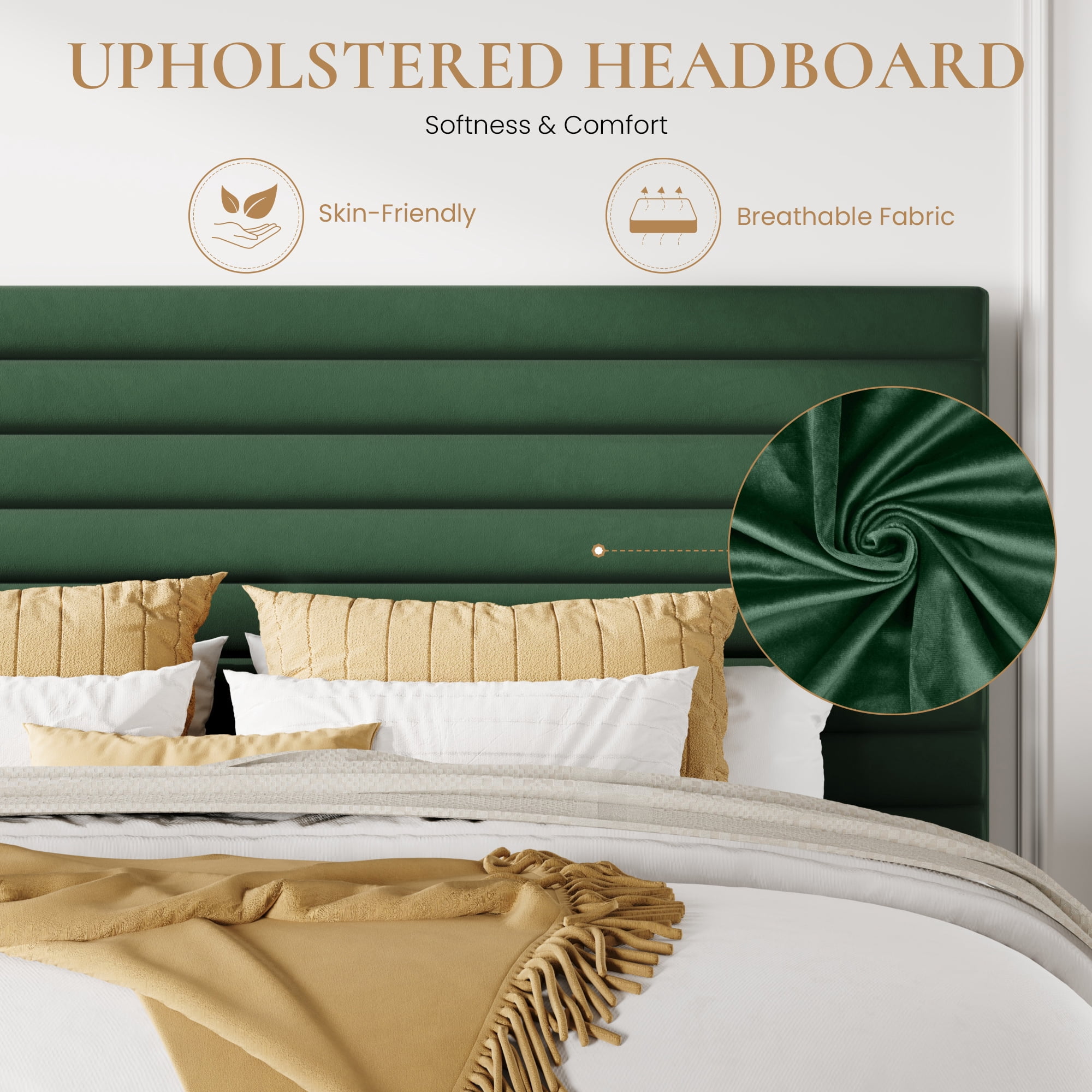 Sha Cerlin Queen Size Platform Bed Frame with Velvet Adjustable Headboard, No Box Spring Needed, Green