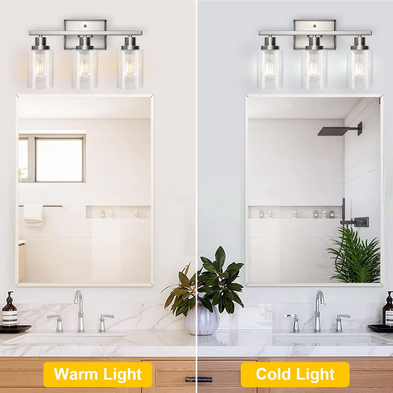 Bathroom Vanity Light Fixtures, 3 Light Wall Sconces Lighting with Clear Glass Shade, Brushed Nickel Wall Lights for Mirror, Kitchen, Living Room, Gallery, E26 Base (Bulbs Not Included)