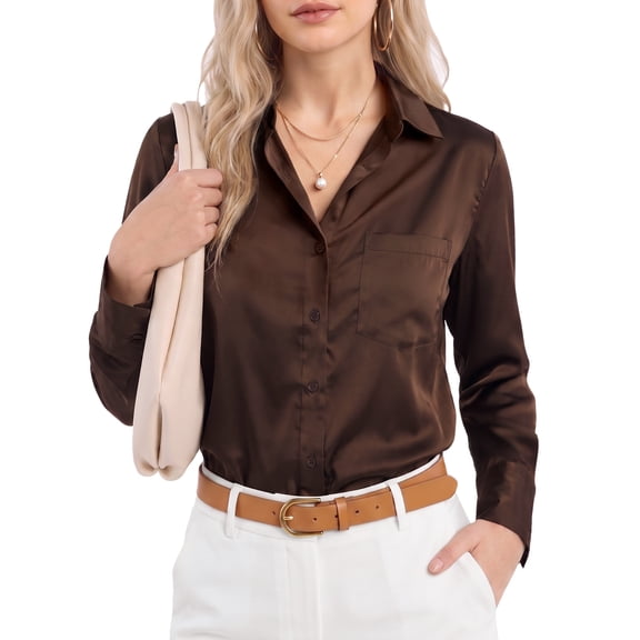 MOYIKO Button Down Shirts for Women Long Sleeve Stain Silk Collared Work Office Basic Business Dress Shirts Blouses Tops