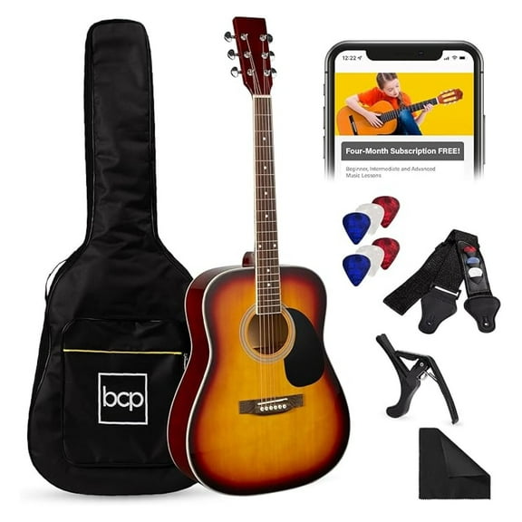41in Full Size Beginner All Wood Acoustic Guitar Starter Set w/Gig Bag, Strap, Capo, Strings, Picks - Sunburst
