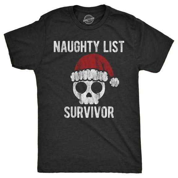 Mens Naughty List Survivor T Shirt Funny Xmas Santa Claus Bad Behavior Joke Tee for Guys Graphic Tees