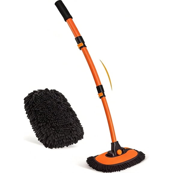 43'' Wash Brush with Long Handle Chenille Microfiber Wash Kit Mitt Retractable Bent Pole Wash Mop for RV Boat (Orange-1)