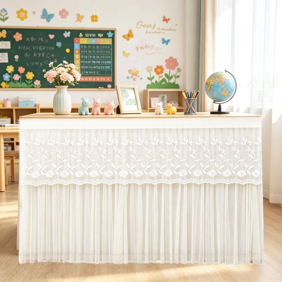 MudFree Teacher Desk Skirt 4.6 ft White Rose Lace Desk Decor, Table Skirt for Office Classroom Home Party Table Cover